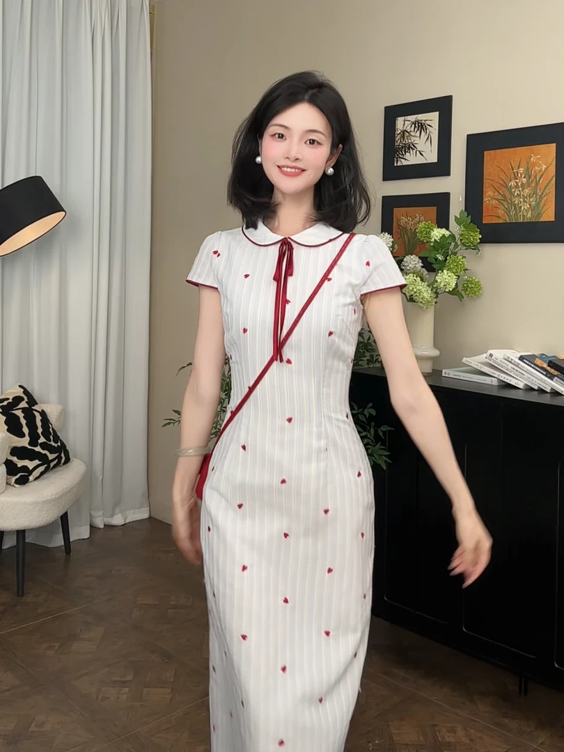 南溯集【初晴】国风小个子连衣裙新中式少女条纹爱心刺绣短袖显瘦