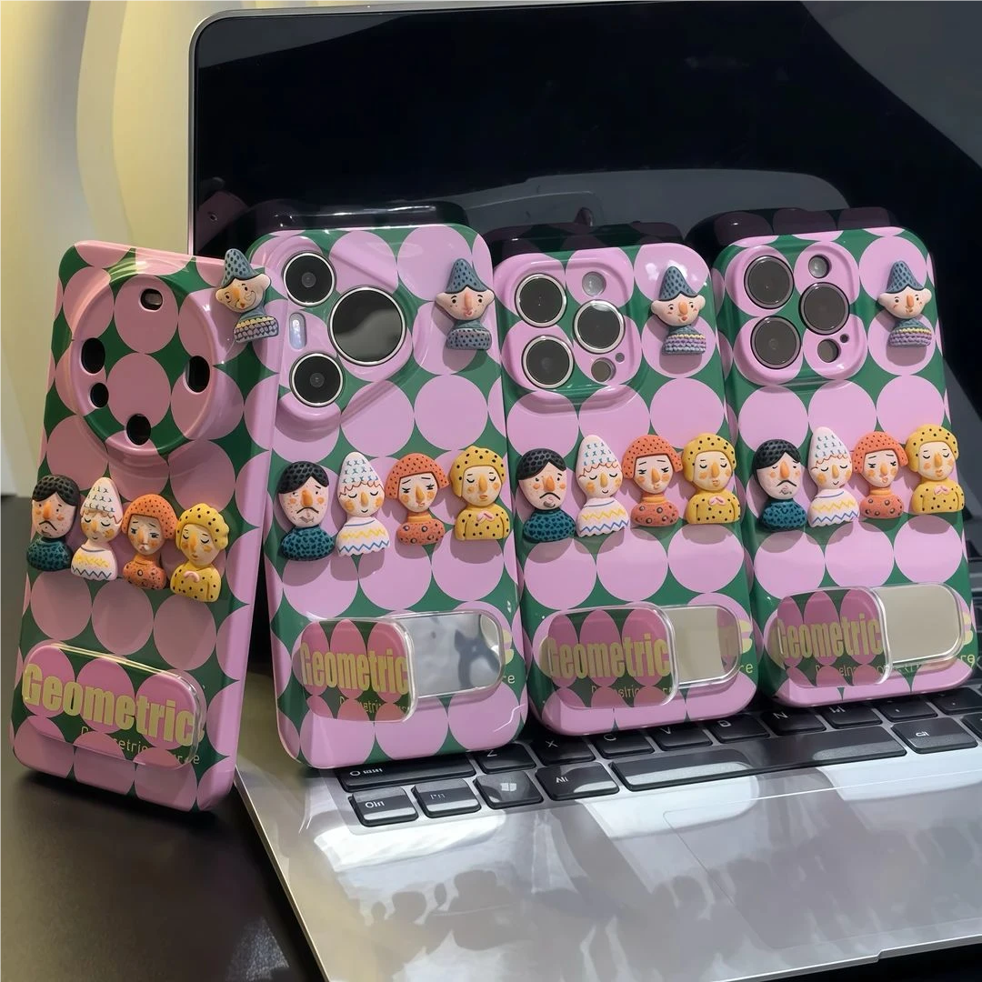 适用苹果15/16卡通小人偶支架手机壳华为荣耀小米OPPOvivo全包硬