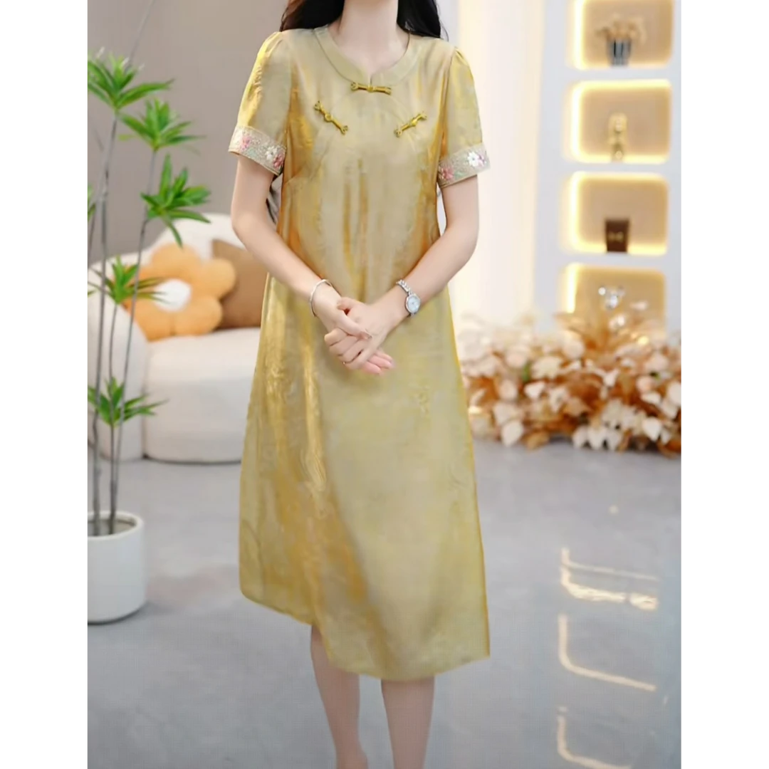 仟慕女装2025年夏季新款连衣裙中长款气质收腰印花修身女装