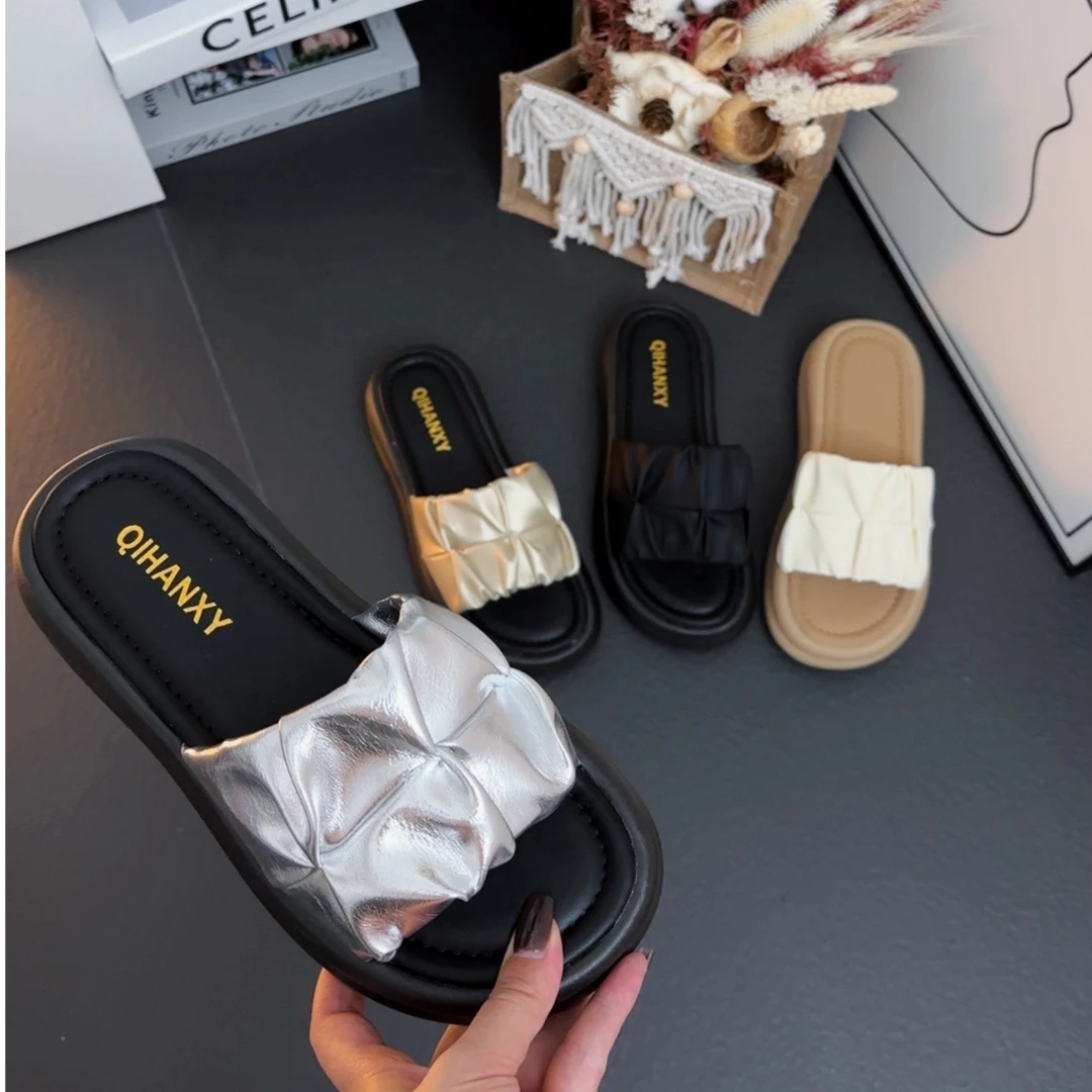 2025夏季新款褶皱一字带厚底软底舒适百搭休闲外穿女拖鞋