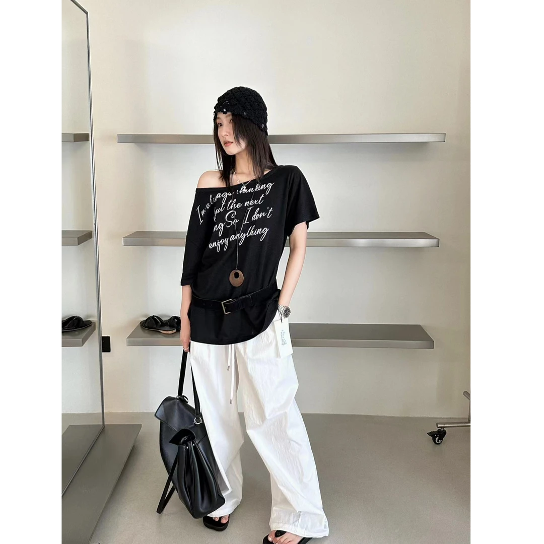 十三行3R3-夏季福秒斜肩字母印花T恤#6031