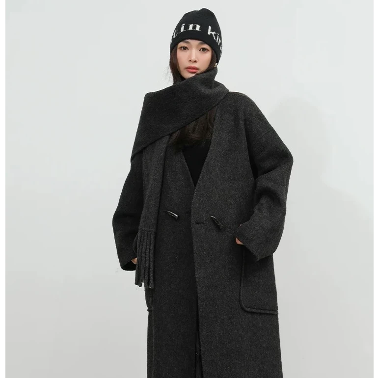 802绵羊毛围巾领双面呢大衣女2024秋冬新款高级抹茶绿外套