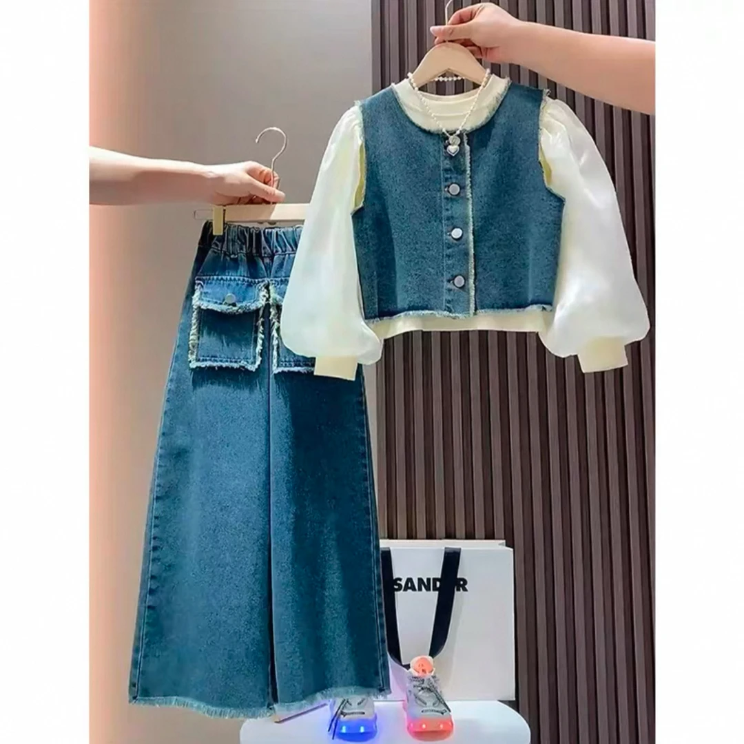 女童牛仔套装春秋装2025新款中大童洋气网红牛仔马甲阔腿裤三件套