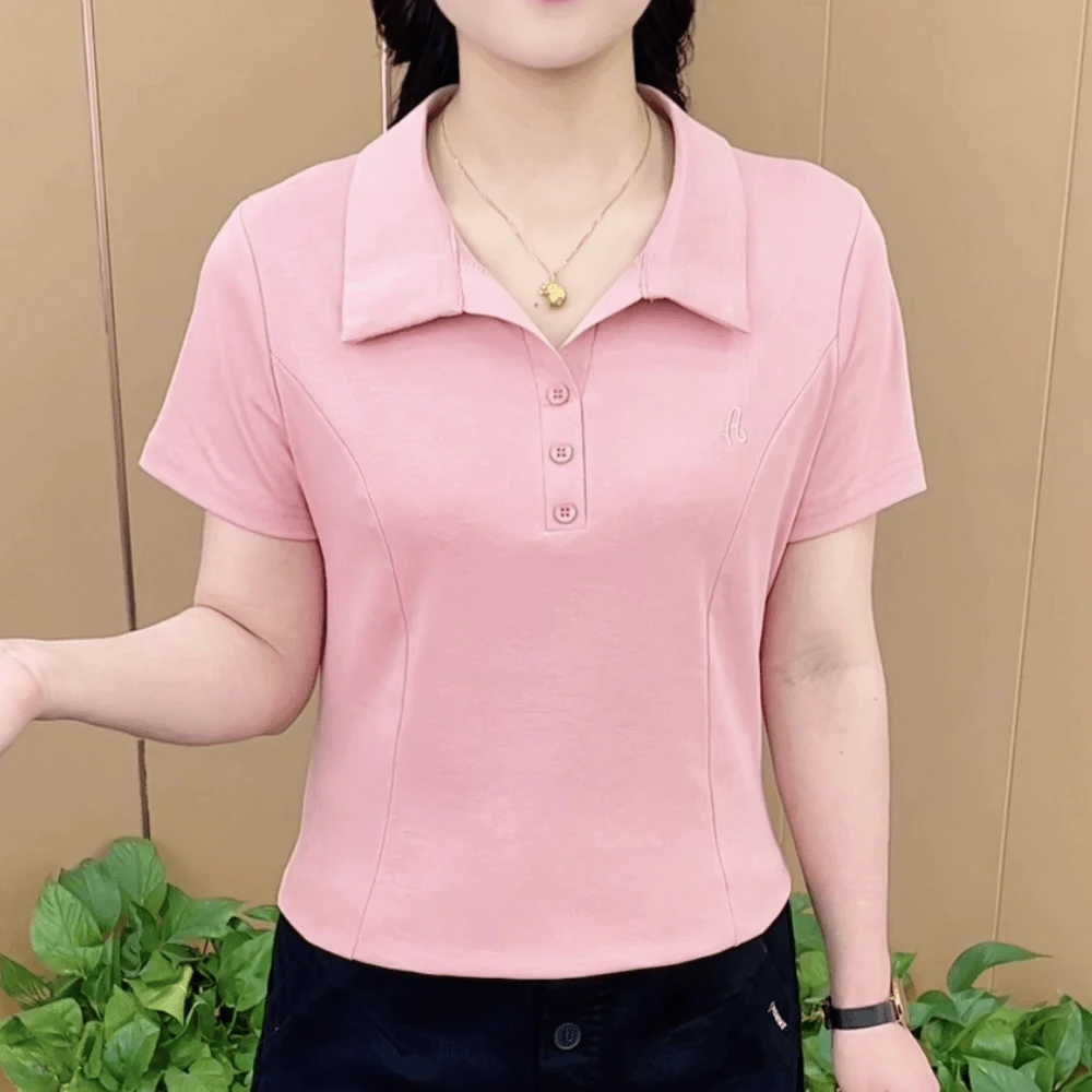 夏季短袖翻领T恤女士上衣减龄妈妈装休闲洋气百搭新款小衫