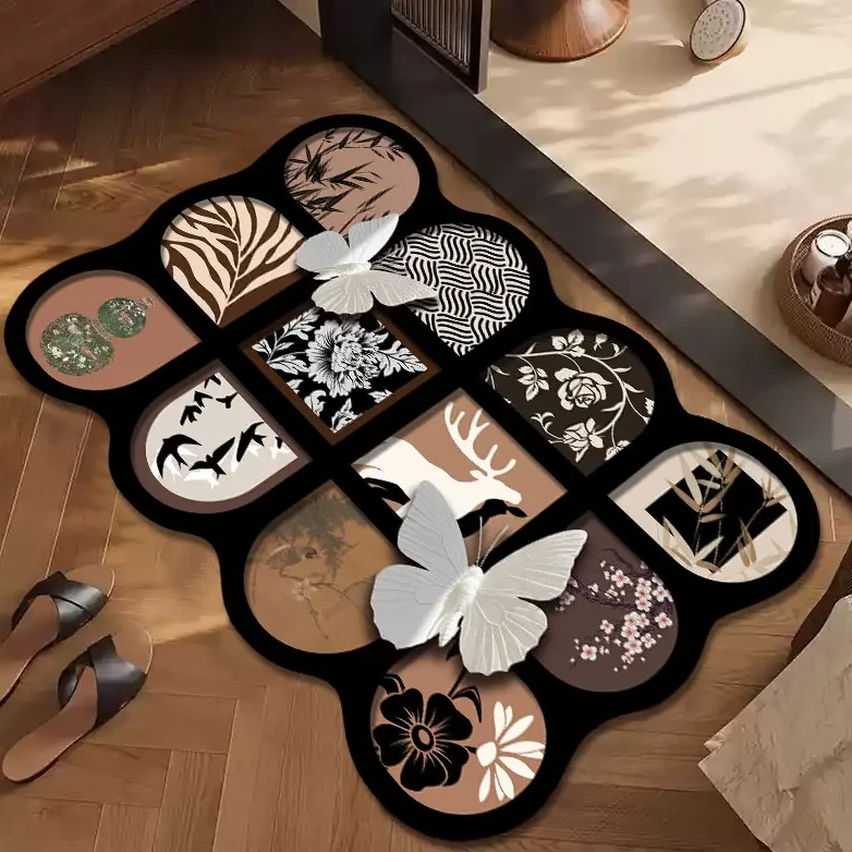 复古窗格蝴蝶硅藻泥地垫吸水地垫门口地垫入户客厅卫生间创意饰品