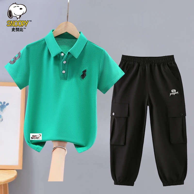 史努比男童套装夏装2025新款洋气中大童男孩polo衫短袖裤子两件套