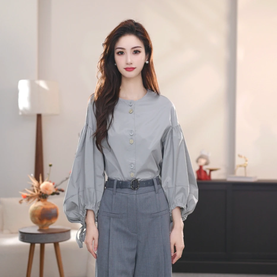 AMASS/阿玛施摩登百搭圆领灯笼袖系带气质长袖上衣衬衫女 5301005