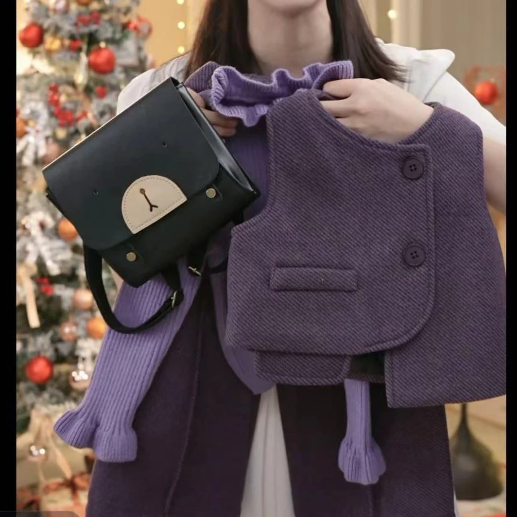 轻奢紫女童紫色马甲2024秋冬季新时尚大方加厚马甲裤子套装AWA826