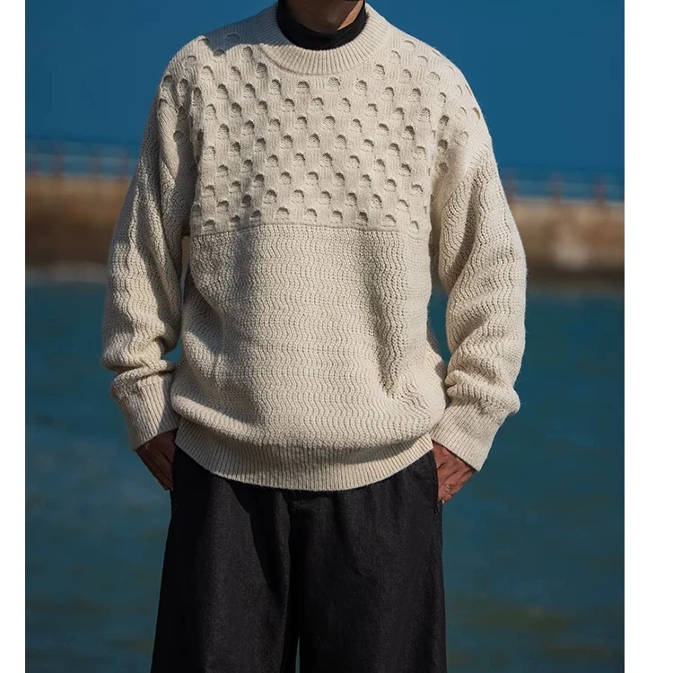 秋冬季设计感圆领针织毛衣男羊毛混纺宽松休闲套头针织衫24206