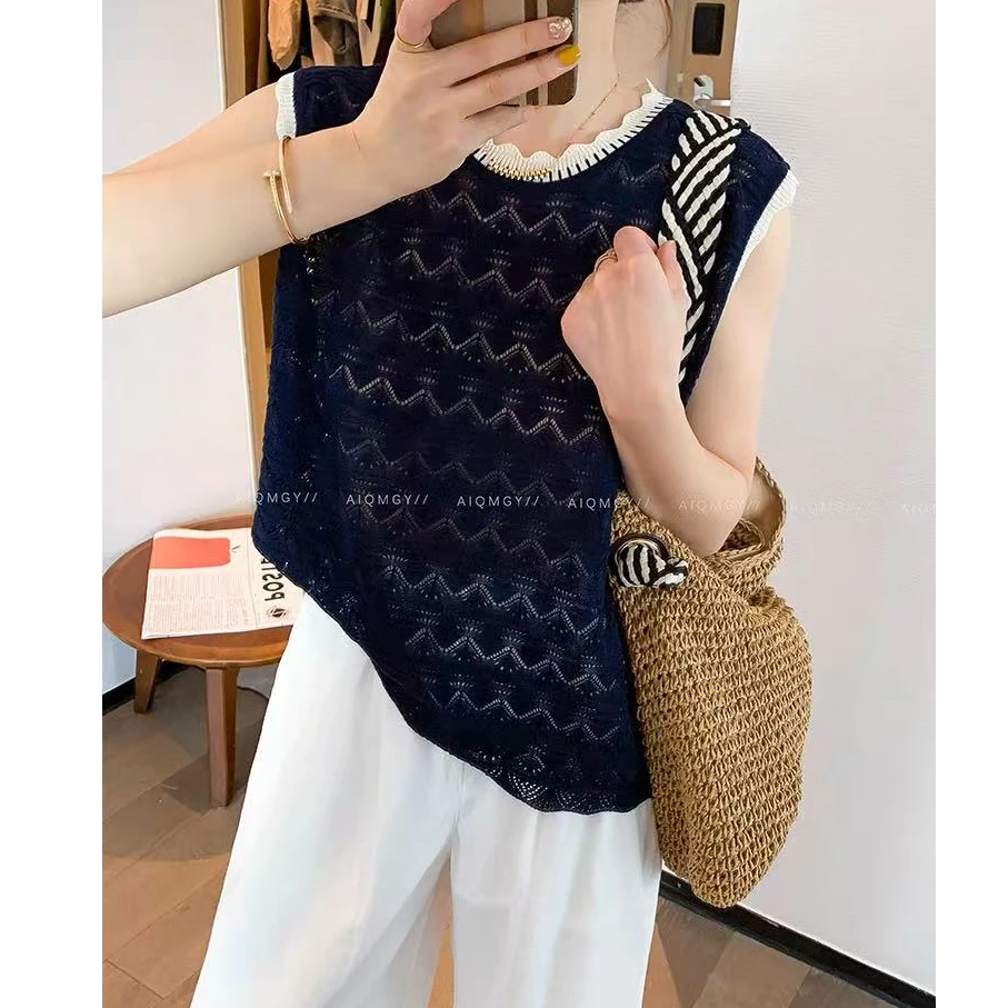 「海浪马甲」夏季镂空钩花针织背心宽松减龄拼色花边圆领上衣-2920