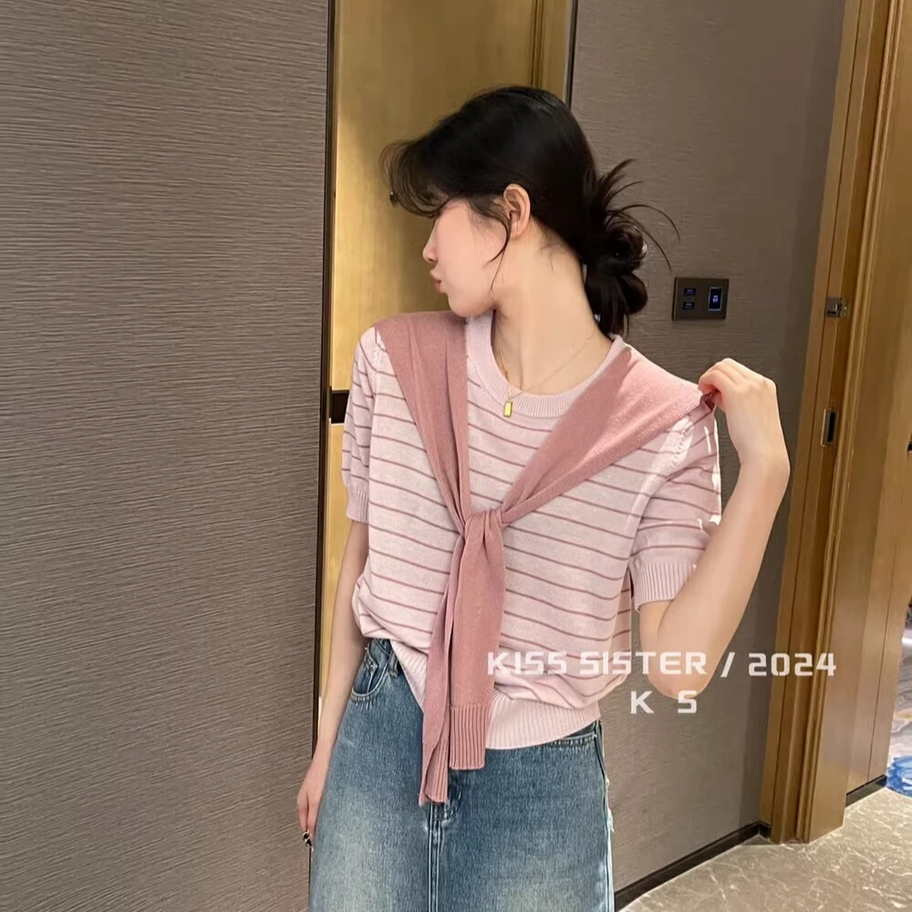 假两件披肩条纹针织衫女2025春夏新款小众设计感百搭短袖显瘦上衣