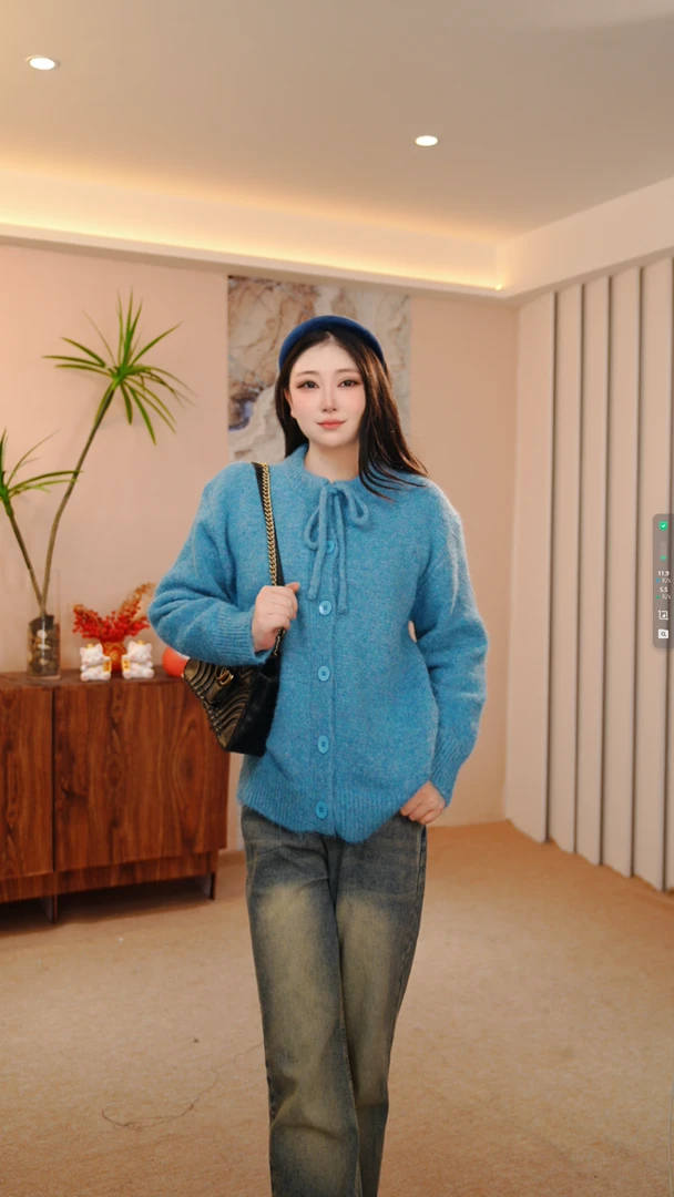青黛（领口绳系带松弛开衫毛衣女装针织毛衣）