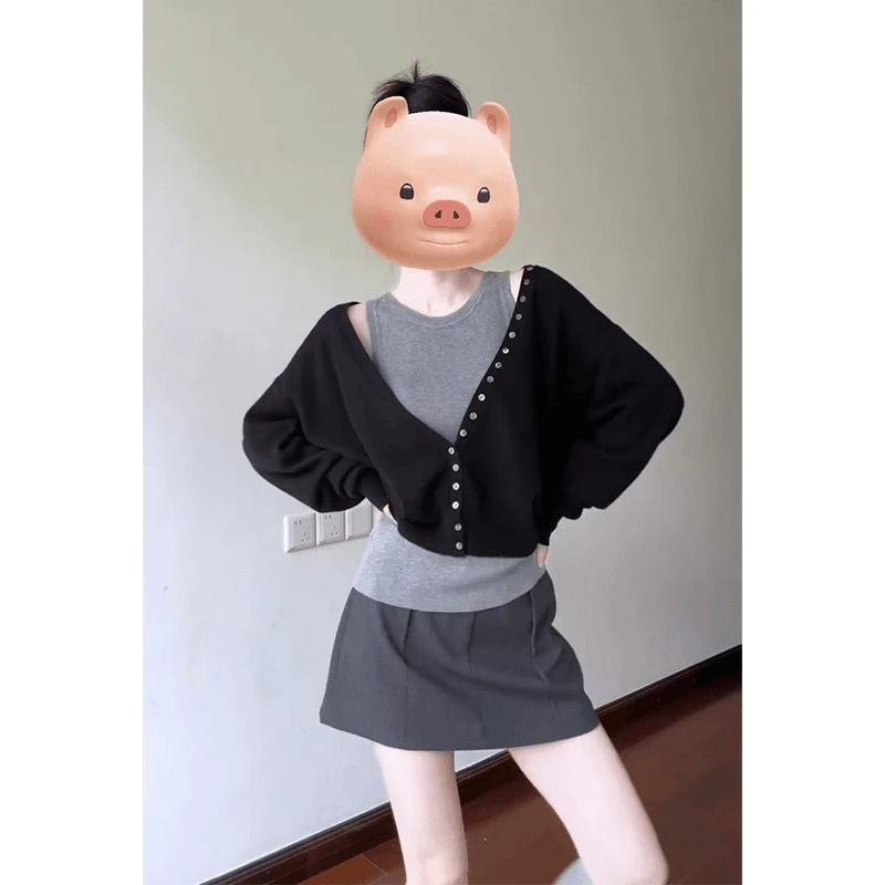 早秋新款女韩系气质穿搭宽松V领长袖毛衣上衣圆领背心高腰半身裙