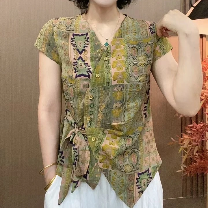 2025夏季新款V领短袖显瘦修身时尚女士百搭小衫上衣8725