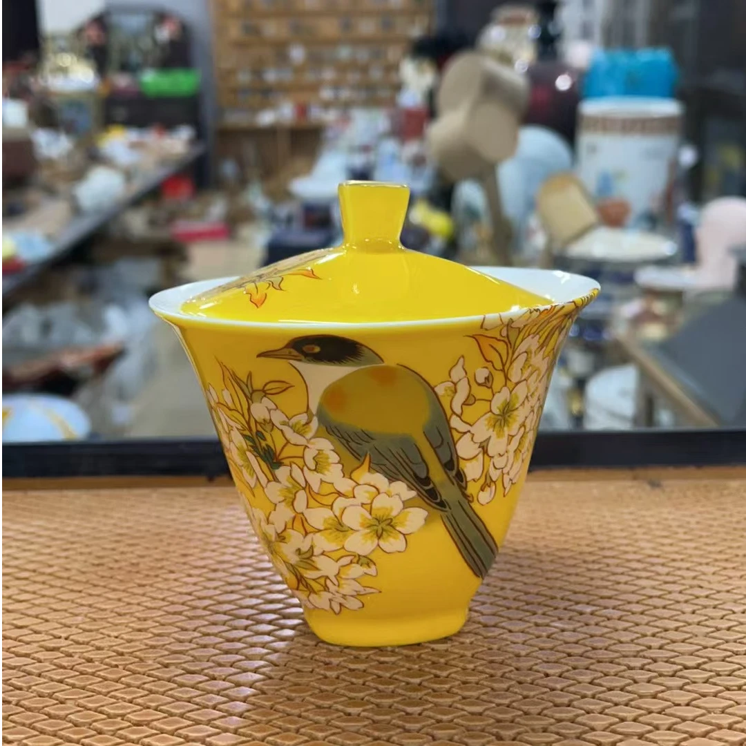 日式回流九谷烧三鹰鸟二才盖碗