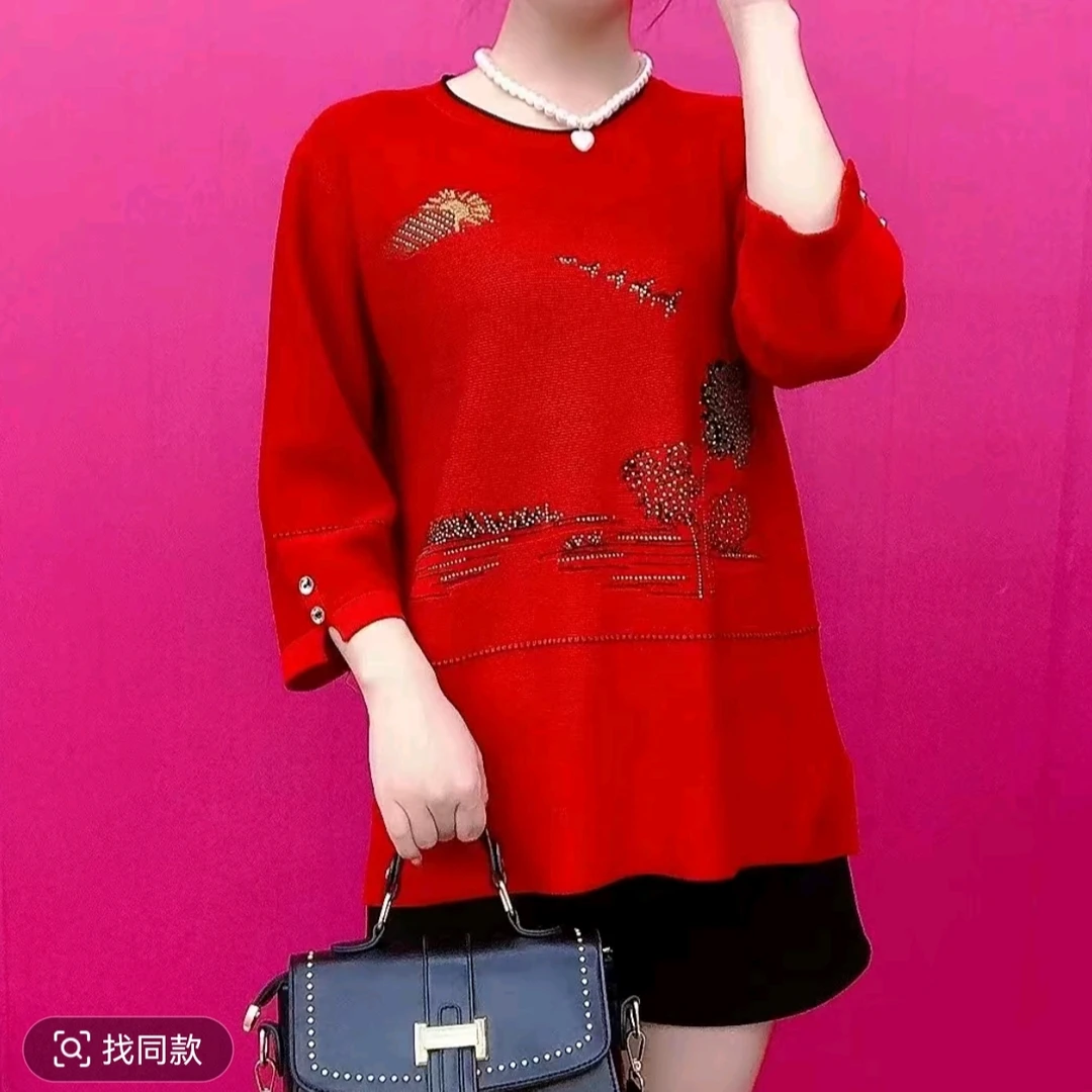 2025冬季新款气质时尚妈妈宽松百搭针织衫高档设计烫钻休闲毛衣女