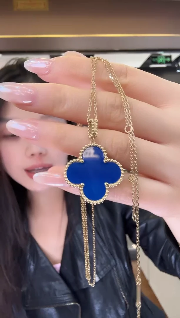 18K金镶嵌项链玛瑙/玉髓26mm蓝花项链90cm长