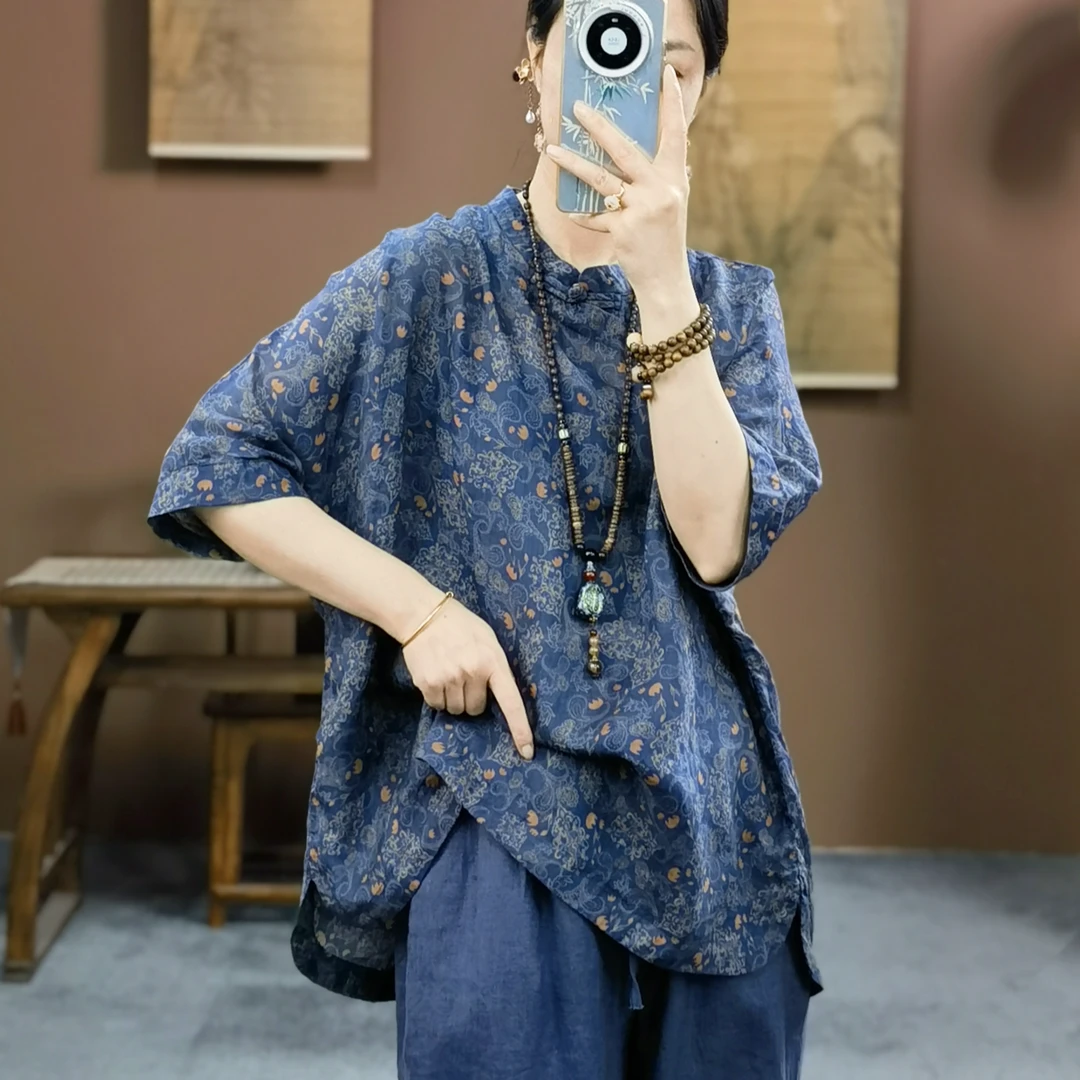 束心新中式女装新款苎麻印花复古立领斜襟盘扣宽松五分袖薄衬衫女