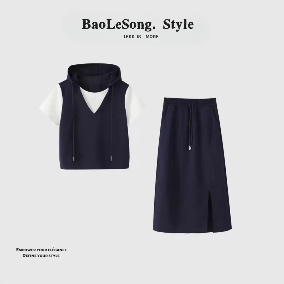 【夏日新品】夏季原创新款BAO.LESONG百搭时尚假两件连帽套裙套装