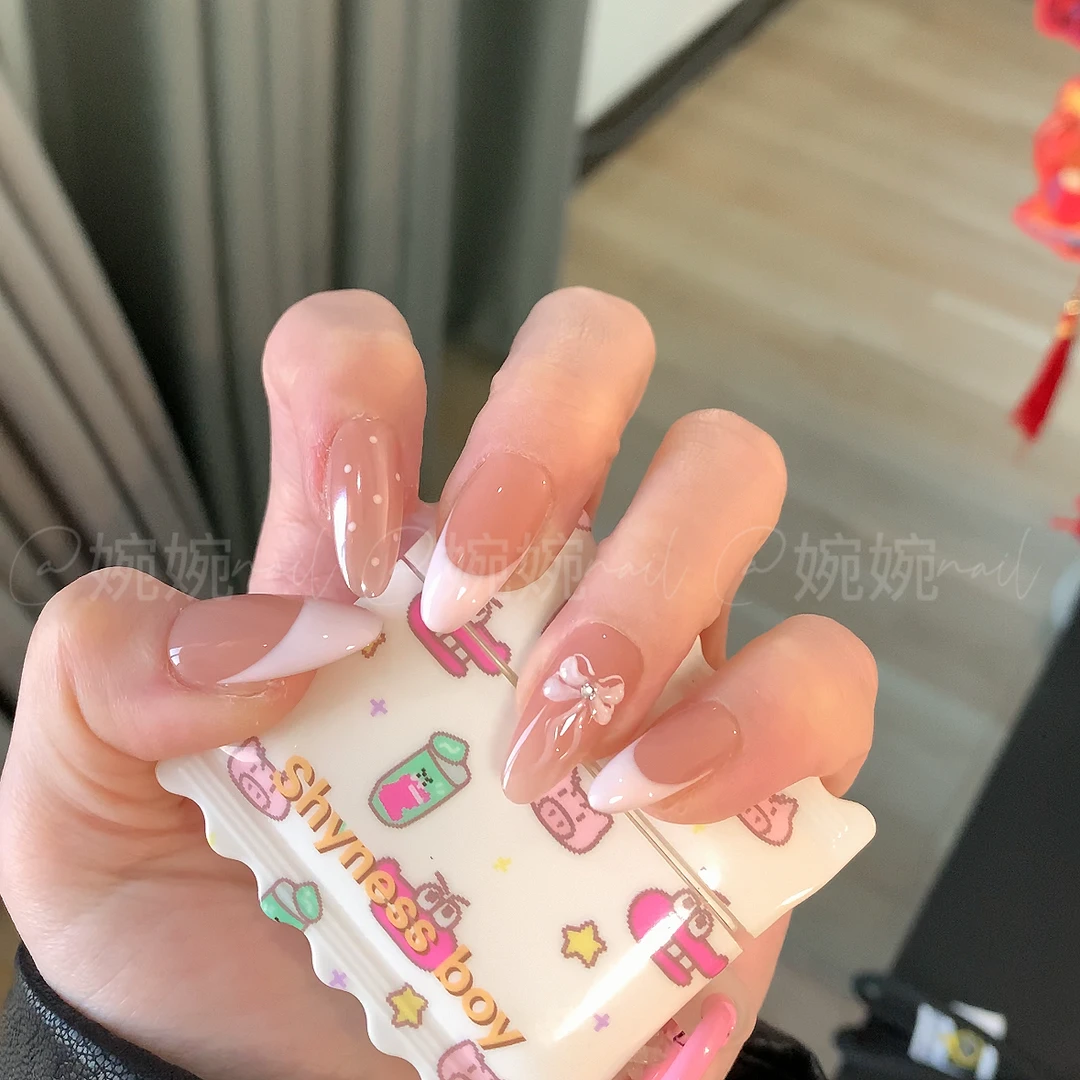 【心软】纯手工法式波点蝴蝶结甜美组合穿戴甲