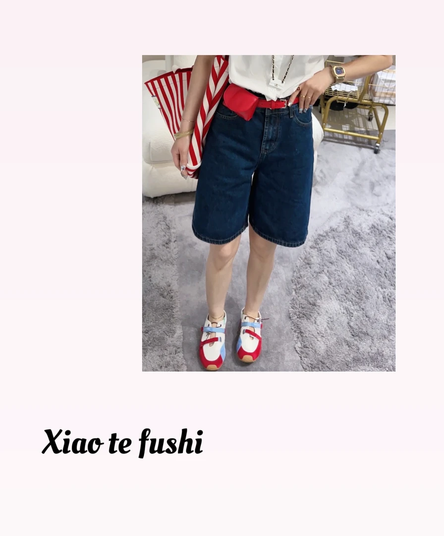 小特 2025夏季五分经典复古蓝牛仔短裤女士薄款时尚送红色腰带