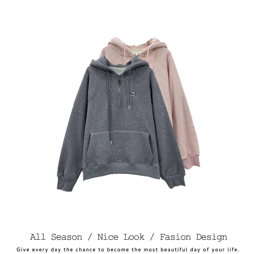 728/157  时尚粉灰宽松秋冬加绒连帽套头卫衣    款号#6392