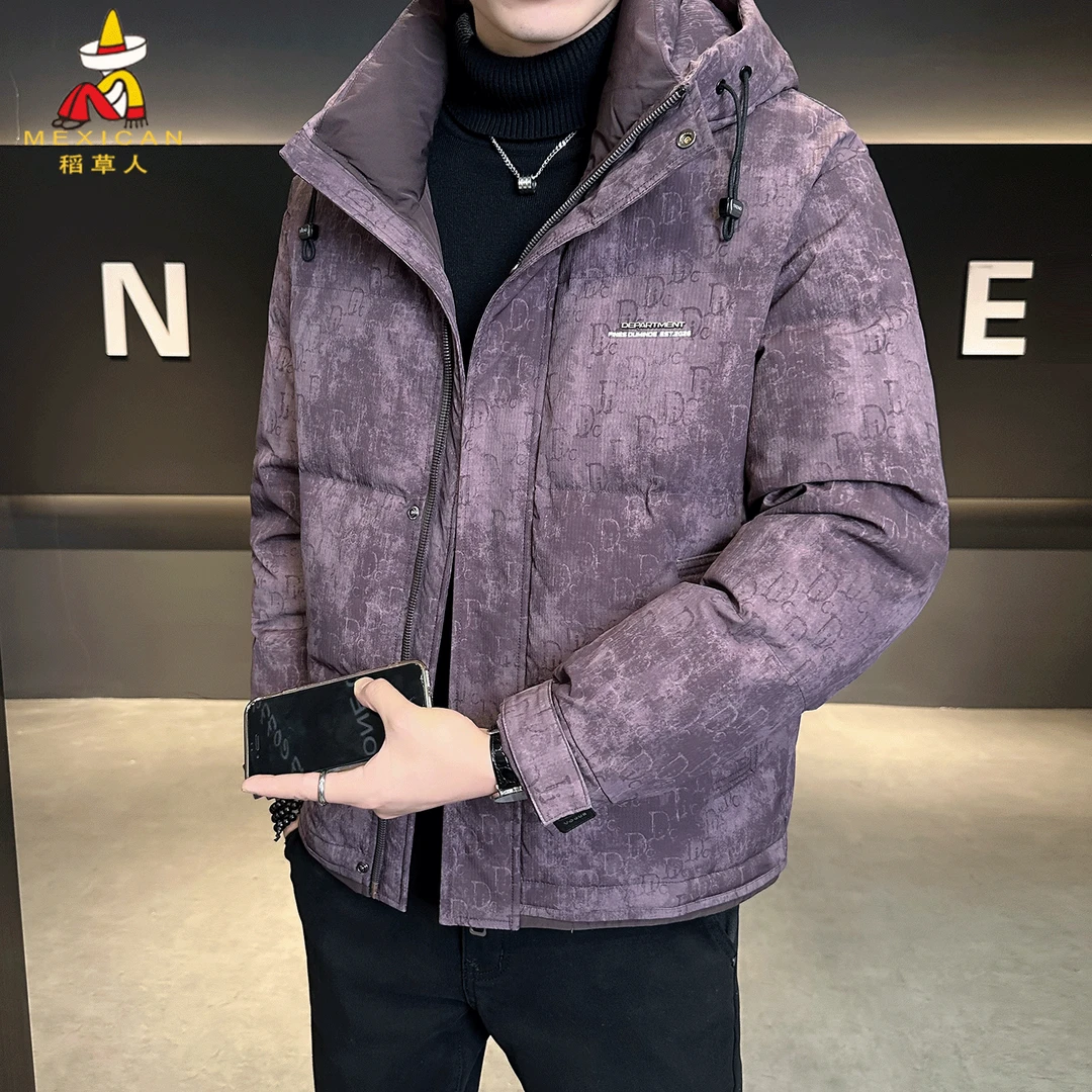 稻草人紫色连帽加厚羽绒服男士冬季短款2025新款潮流修身保暖外套