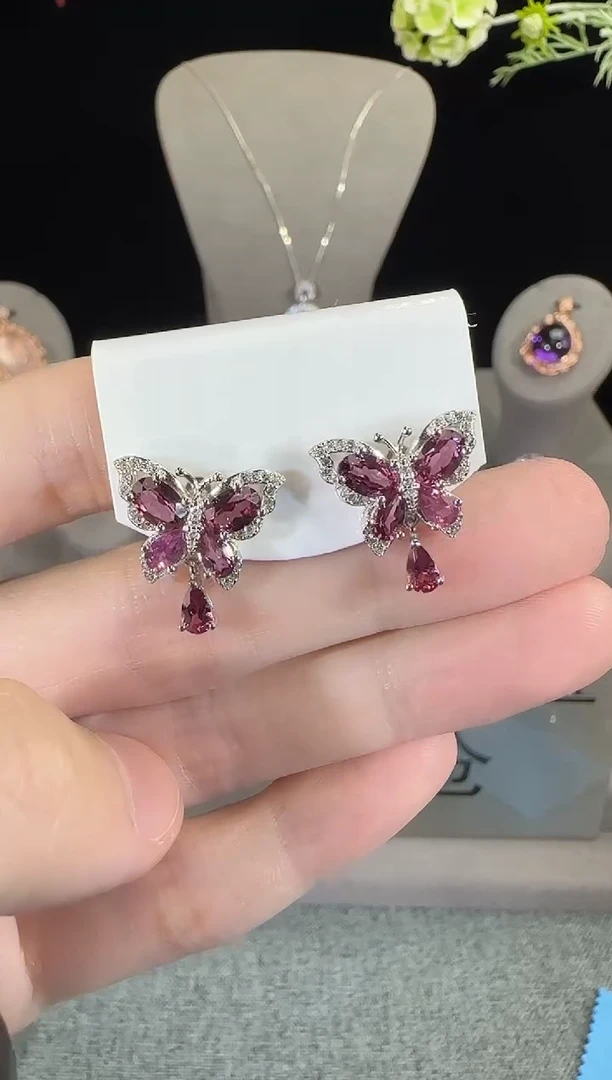 石榴石耳饰银S925镶嵌17mm耳钉