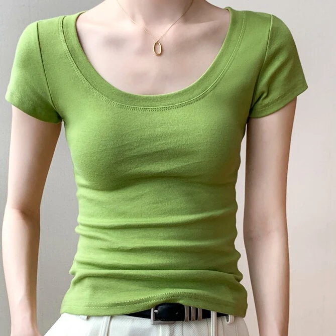 纯棉u领短袖t恤女夏季新款短款阔腿裤女装收腰甜美可爱风格衣服