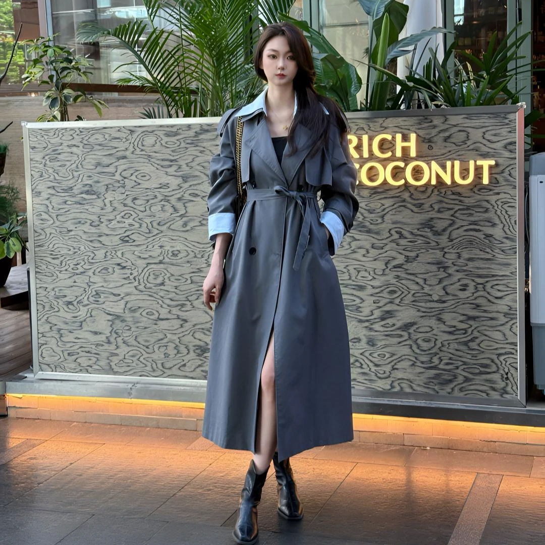 高级感灰色风衣外套女2025秋季新款中长款假两件撞色拼接宽松大衣