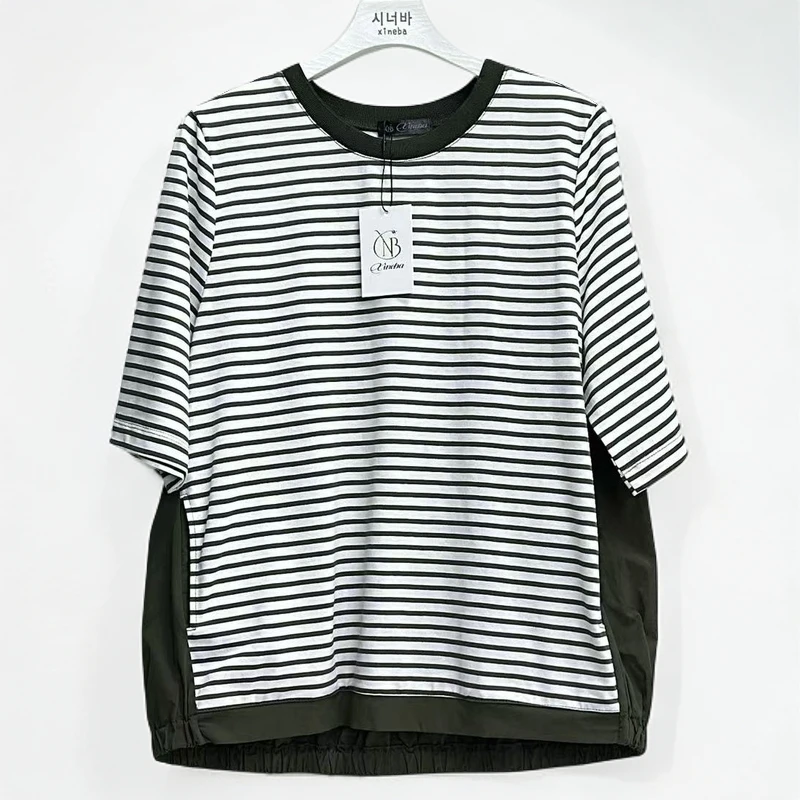 【xineba2】韩国女士条纹拼接圆领短袖舒适百搭时尚洋气