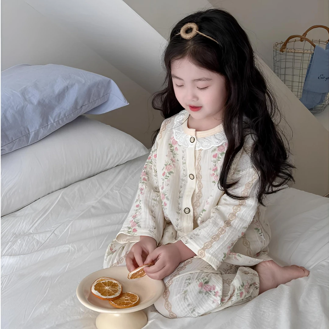 女童纯棉双层纱布家居服套装春夏款儿童空调服女宝薄款睡衣两件套