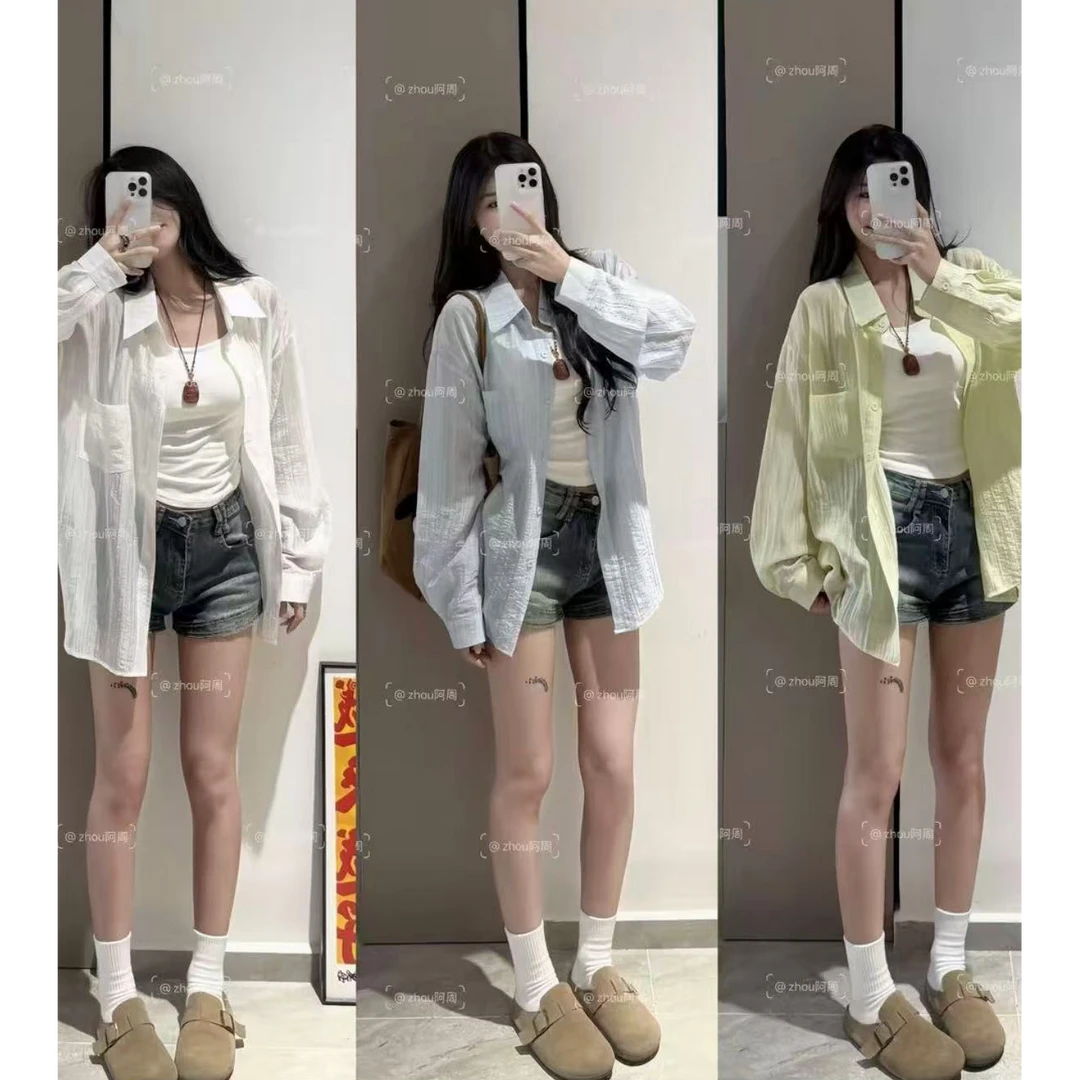 法式纯色薄款防晒衣长袖衬衫女夏装新款宽松显瘦衬衣叠穿上衣外套