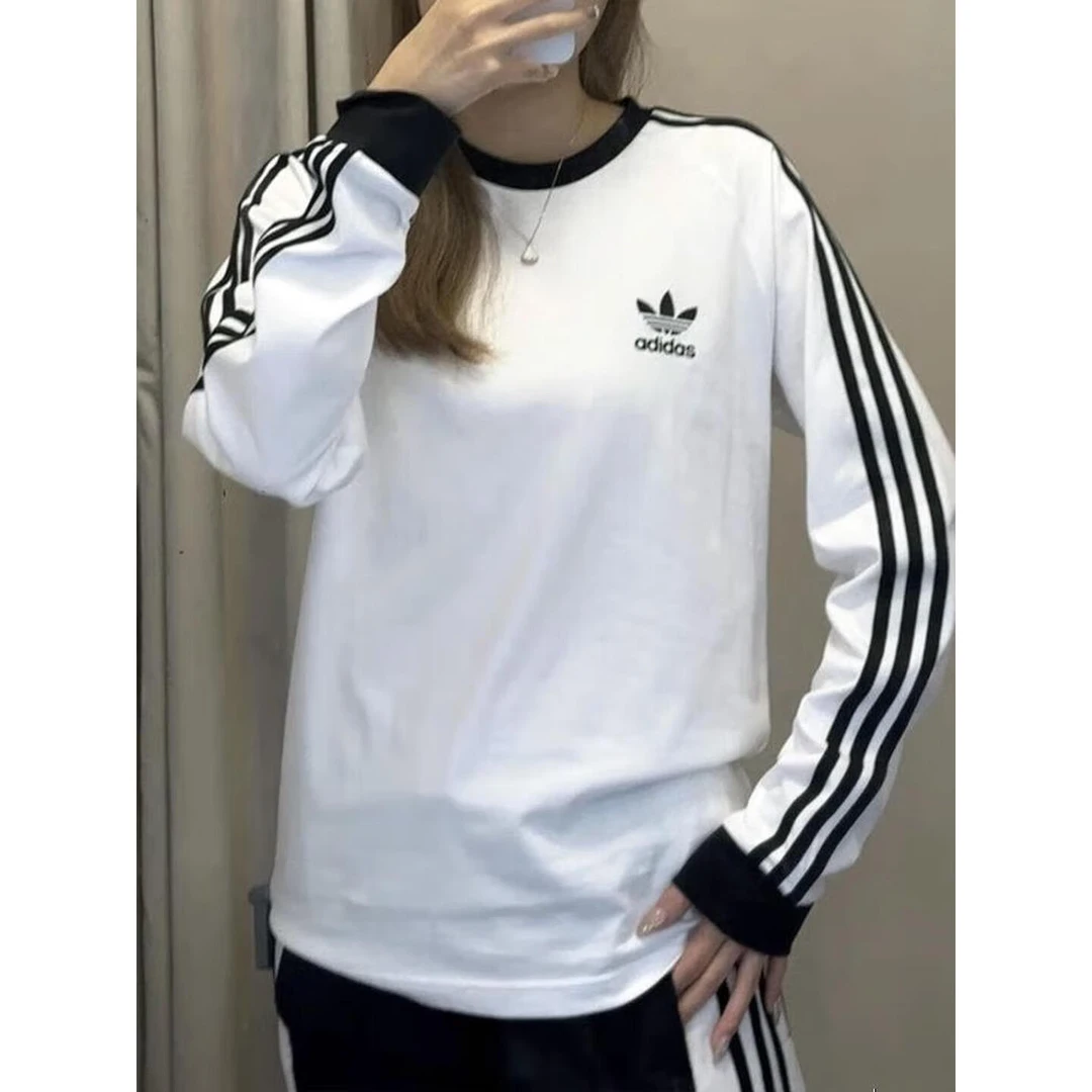 adidas/阿迪达斯三叶草时尚三条纹黑白圆领休闲长袖T恤衫IA4879