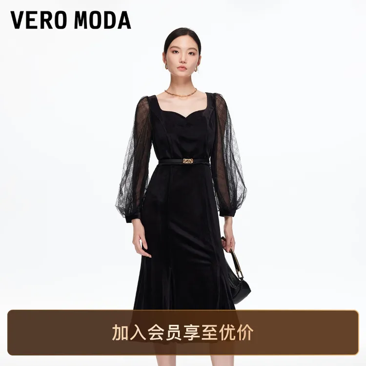 Vero Moda连衣裙【天鹅绒之吻】收腰泡泡袖丝绒裙流光风老钱风