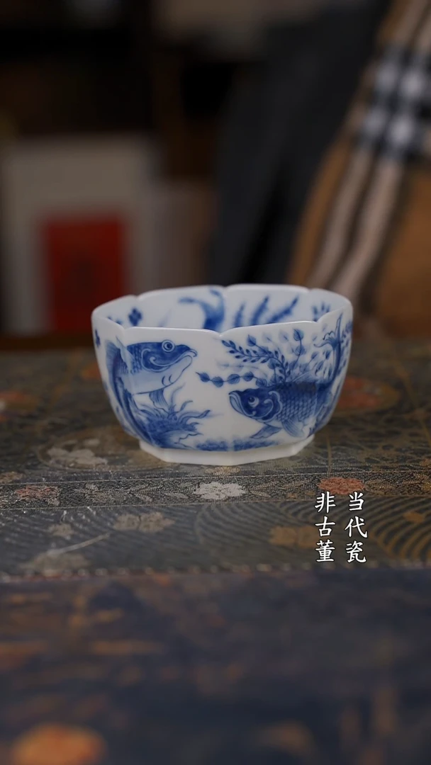 望月怀古满绘鱼藻八方杯