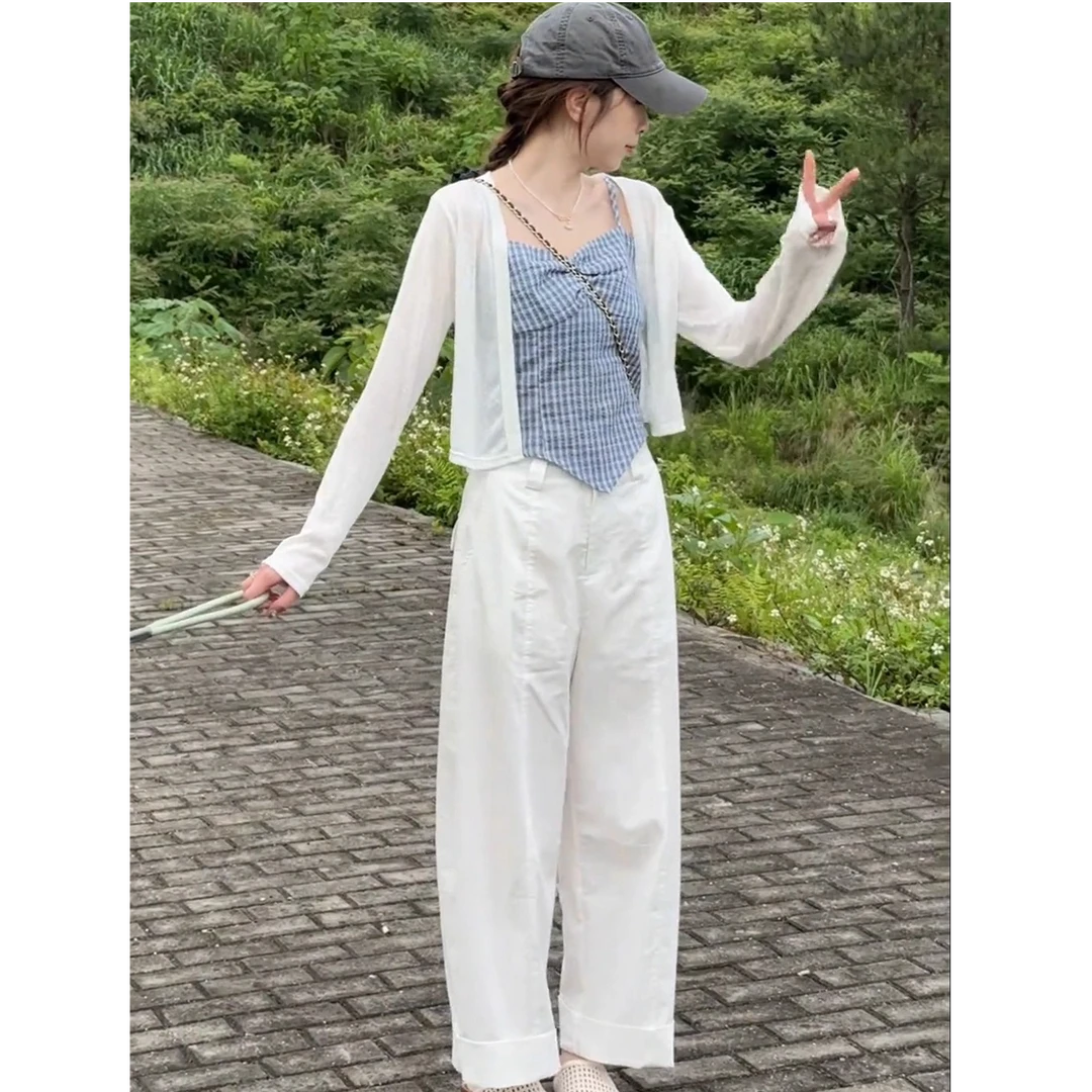 白色抽绳休闲裤2025夏季薄款宽松垂感拖地休闲百搭冰丝速干阔腿裤