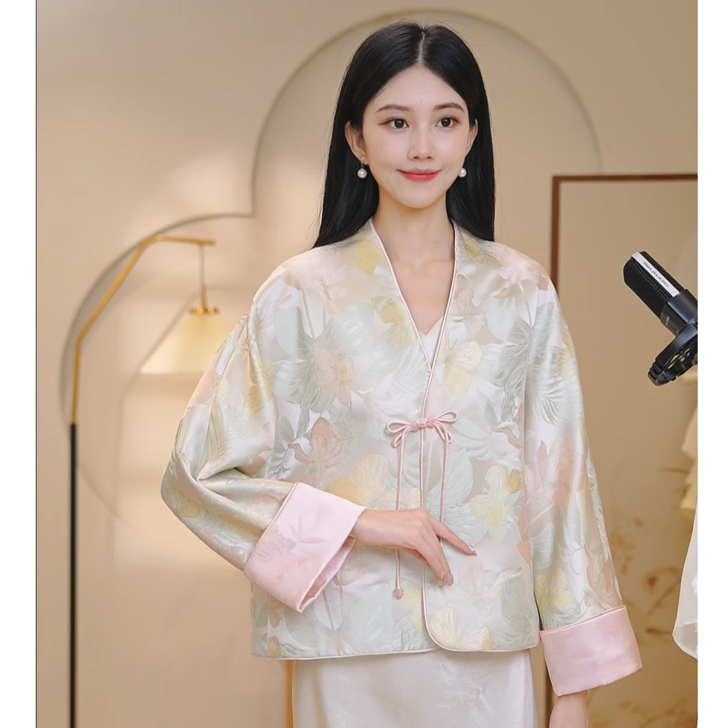 新中式开衫常规短外套V领休闲百搭女士双层女8749
