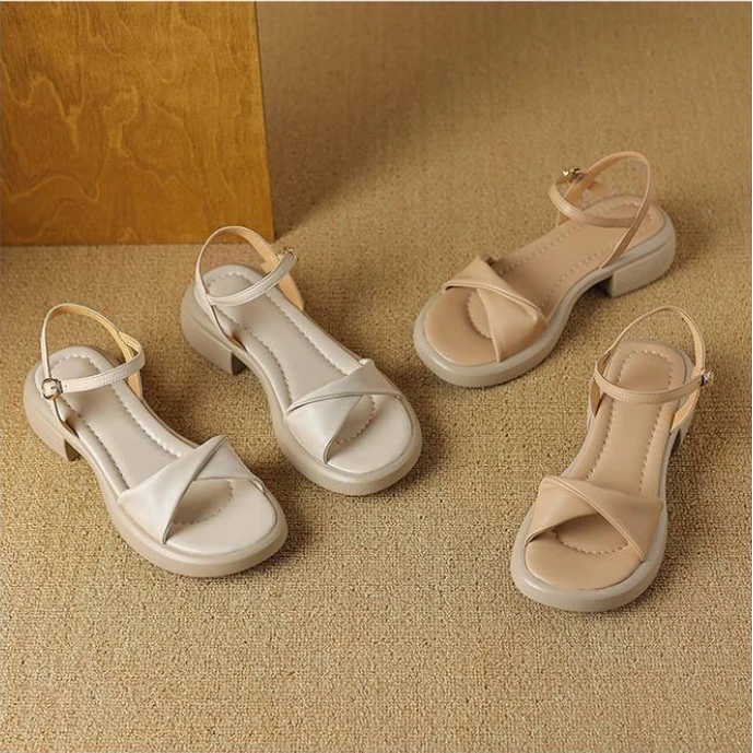 李大龙~羊皮3.5公分/真皮露趾一字带粗跟凉鞋/方头凉鞋552