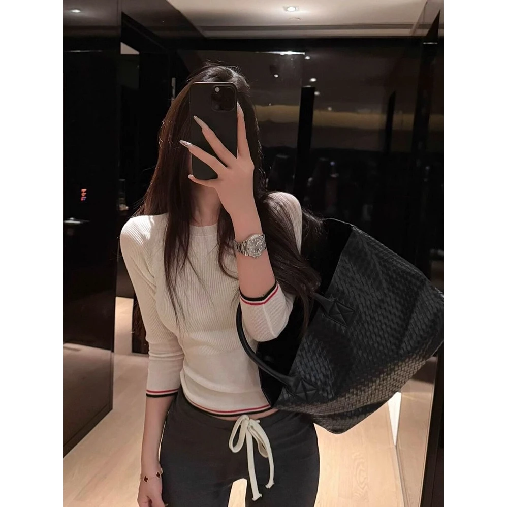 气质姐姐撞色高级感长袖针织衫女秋冬显白显瘦通勤百搭T恤打底衫