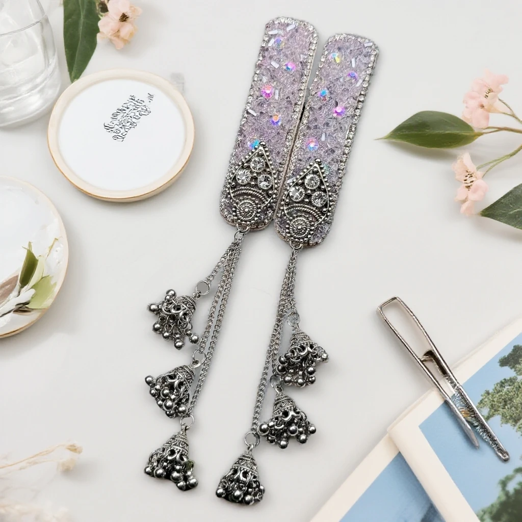 新款民族风P041浅紫色高定复古轻奢原创流苏铃铛重工纯手工发夹