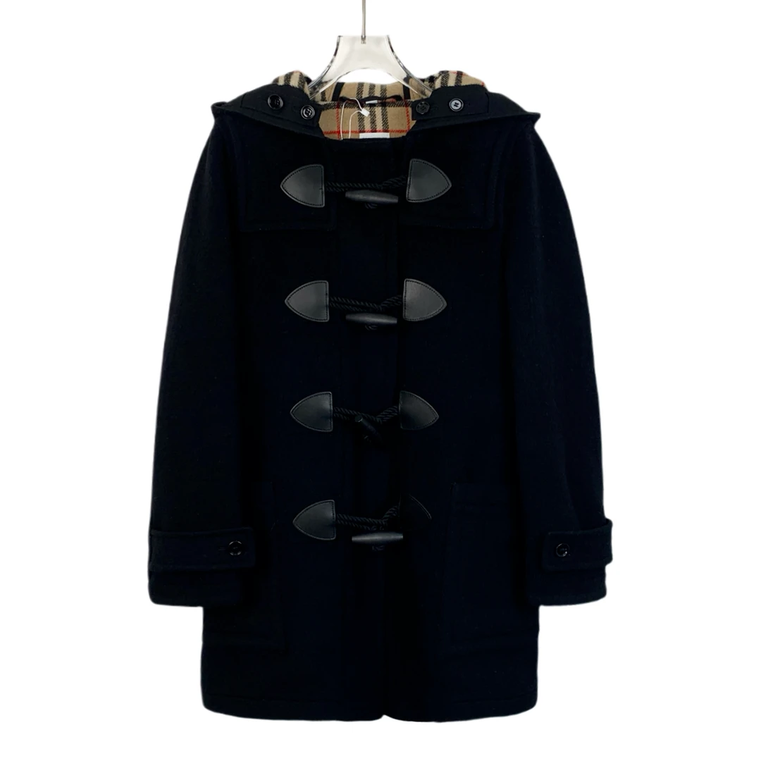 99新 BURBERRY/博柏利 H13504 黑色牛角扣羊毛连帽大衣外套 42