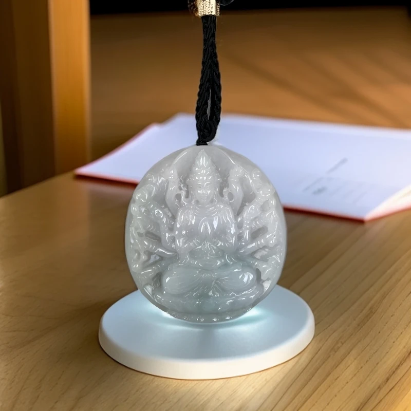 天然缅甸A货翡翠紫加绿精雕椭圆牌生肖鼠守护神千手观音玉坠