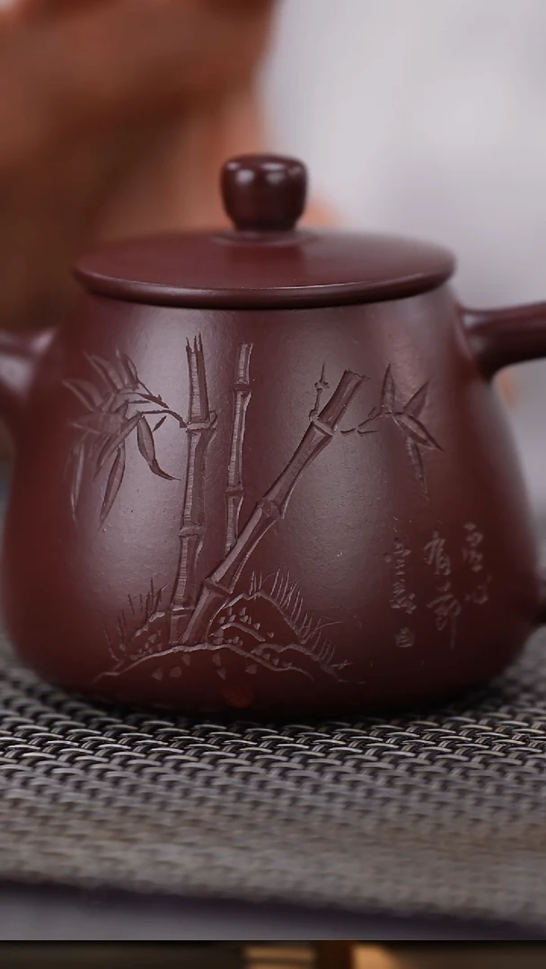 茶壶紫砂紫袍玉砂竹刻高瓢180cc