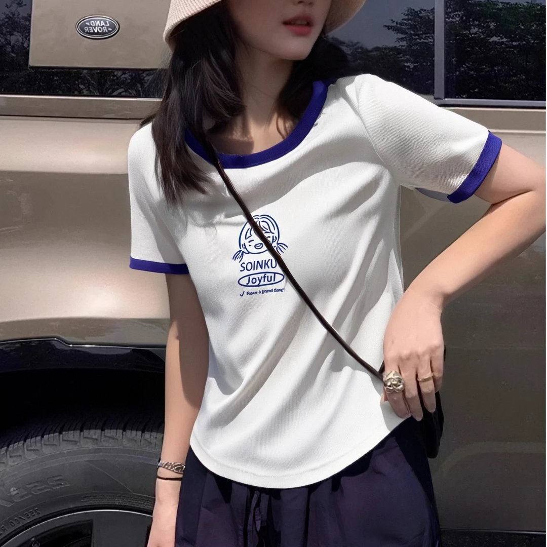 【T恤白色夏季系列】漂亮女孩撞领短袖舒适遮肉显瘦版型简单又大方