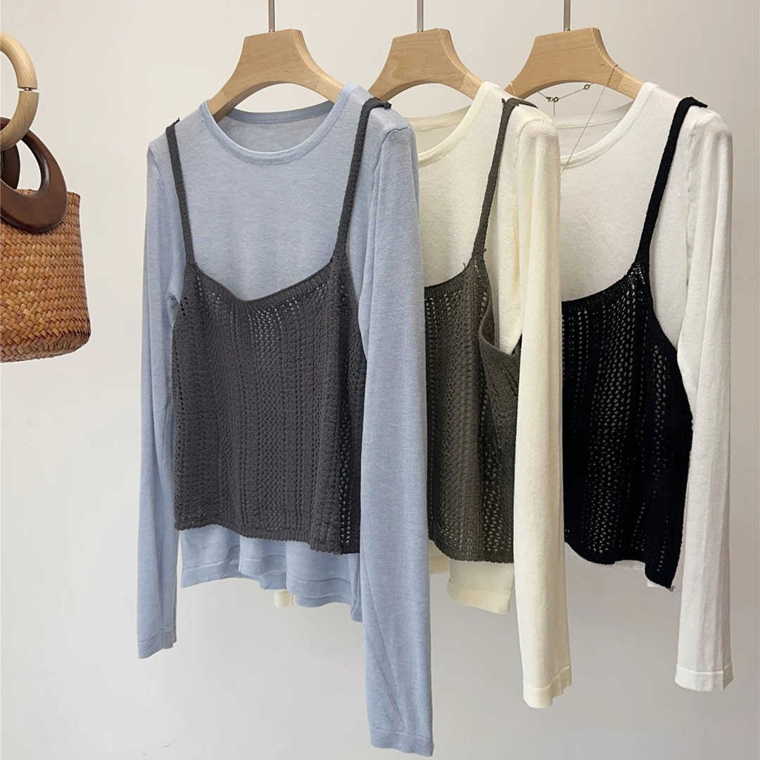 【两件套】韩版2025早秋新款时尚百搭针织衫女显瘦两件套长袖上衣