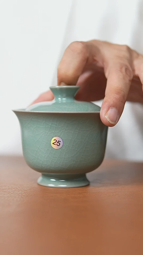 瓷片仿古翡翠绿纯手工两才元宝盖碗瑕25