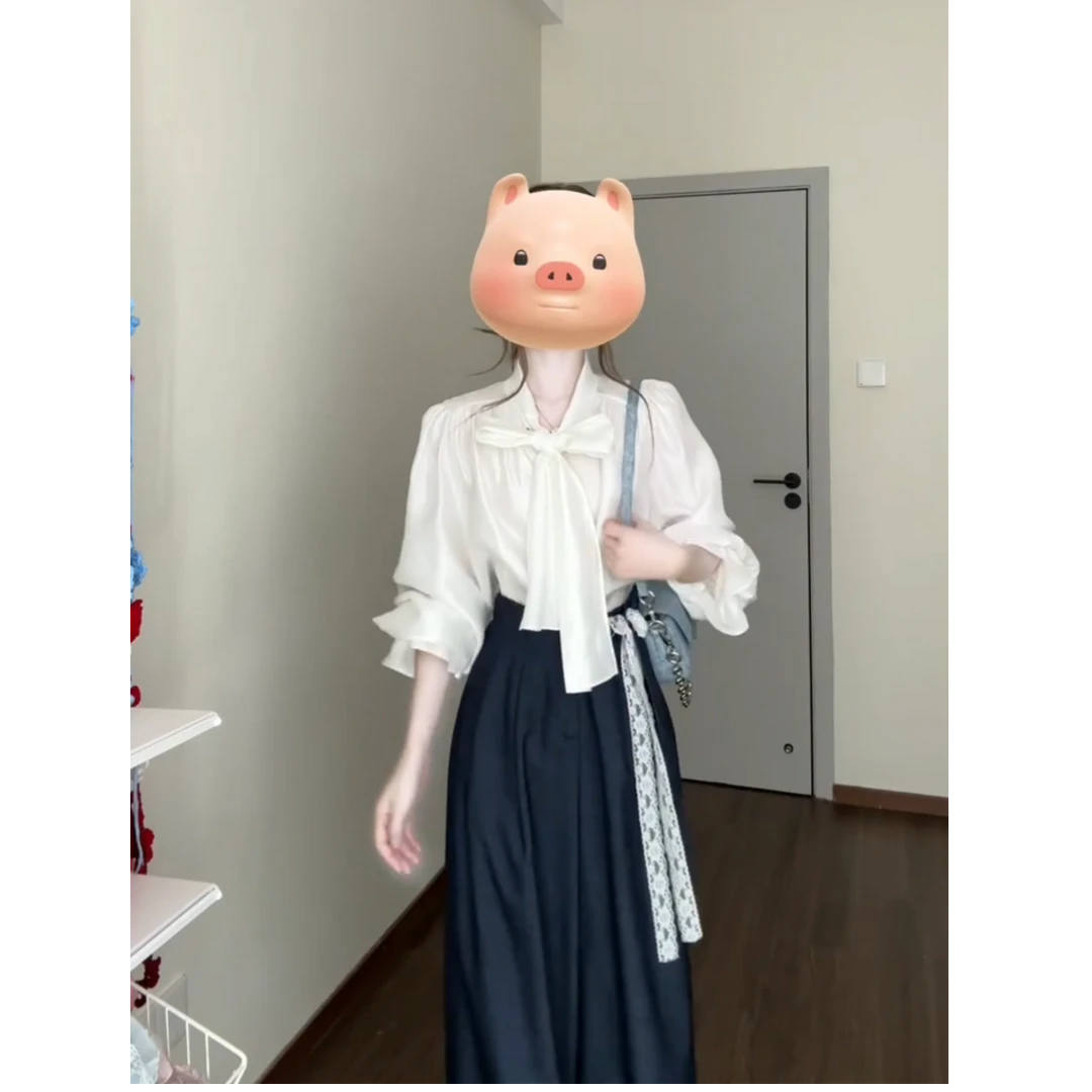 MARIE.COCO法式蝴蝶结长袖衬衫女奢感衬衣气质上衣阔腿裤两件套