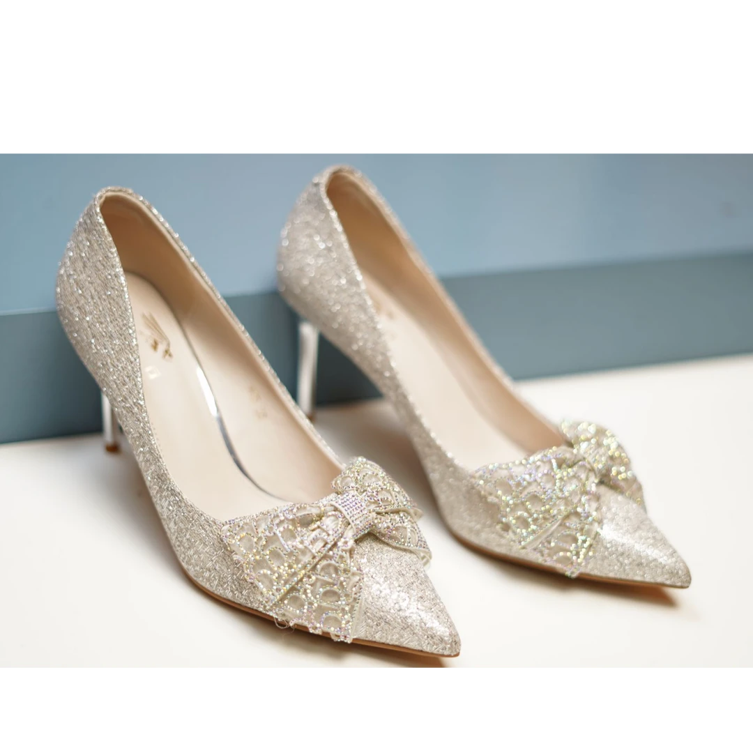 905宴会胶粘纯色欧美常规跟鞋单鞋香槟色高跟法式褶皱