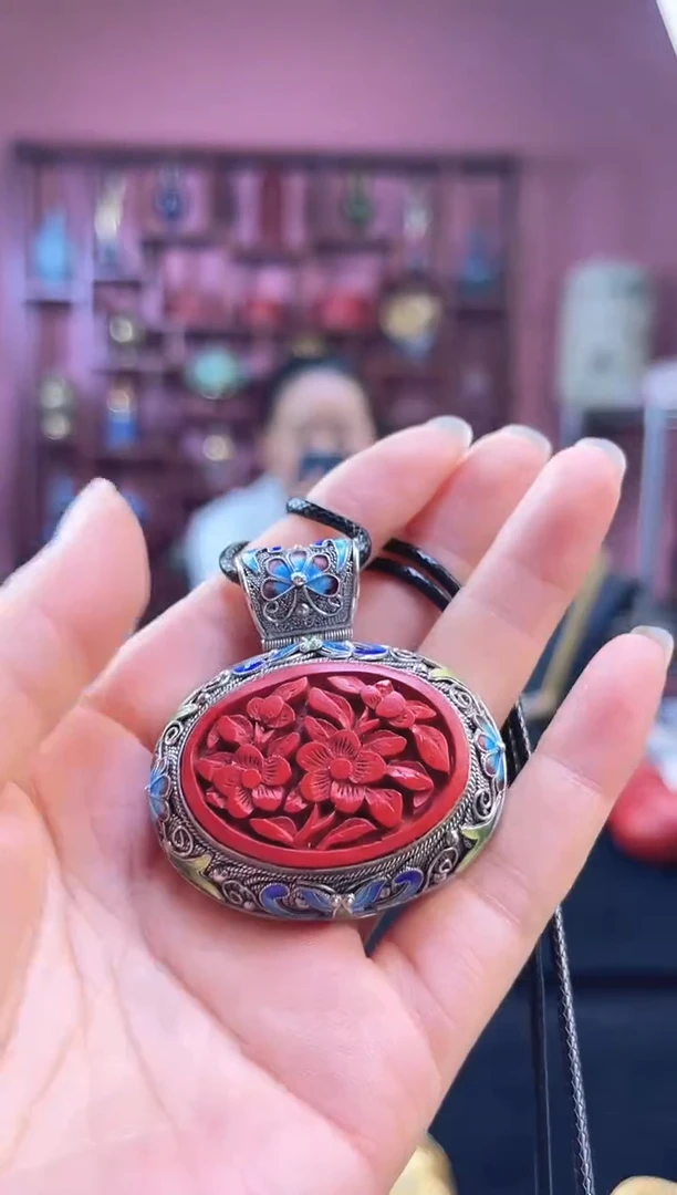 非遗 花丝镶嵌雕漆吊坠 素银 椭圆